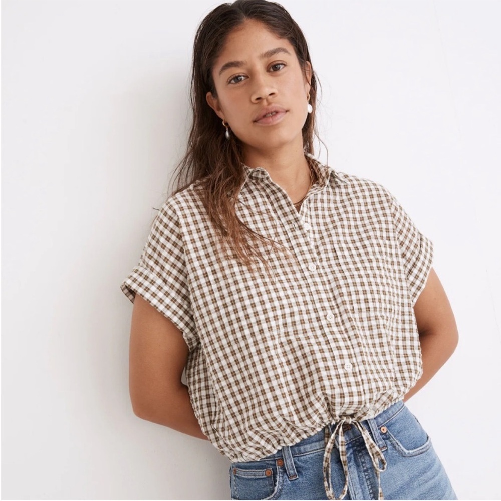 Madewell seersucker buttondown shirt, cinch waist, olive  and white plaid, XXS
